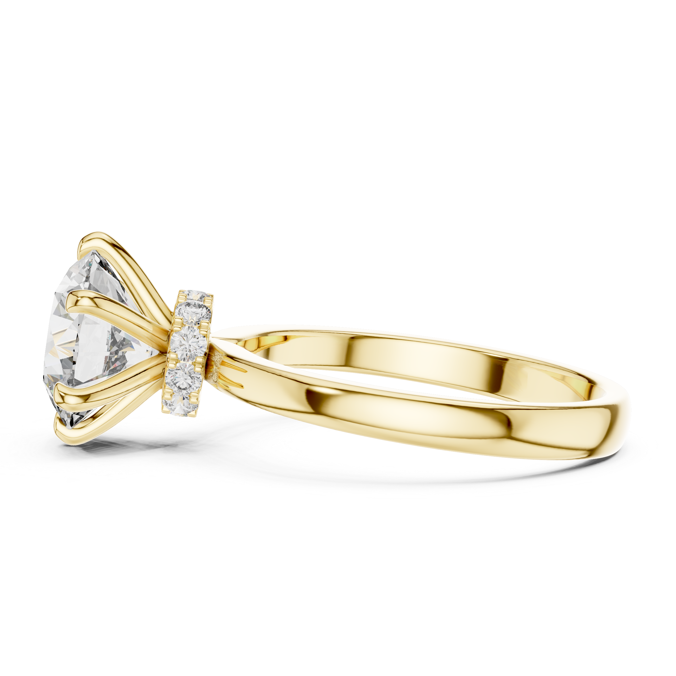 Gold ring with a large diamond and smaller diamonds on a white background